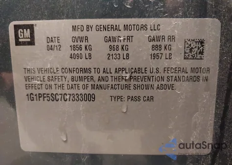 2012 Chevrolet Cruze 1Lt из США, поврежденный, VIN 1G1PF5SC7C7333009